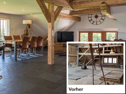 Vorher-Nachher-Bild einer Renovierung mit Schieferfliesen im Wohnraum