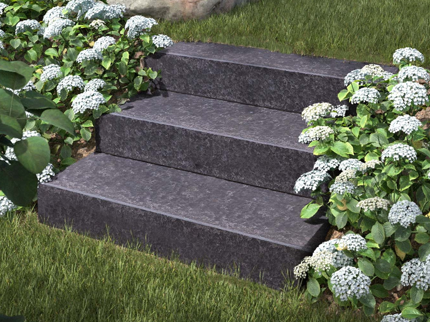 Blocs marches en basalte Takeda avec fleurs et gazon