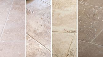 So viele Gesichter kann getrommelter Travertin haben: Travertin Light, Medium, Rustic und Noce im Vergleich (v.l. n.r.)